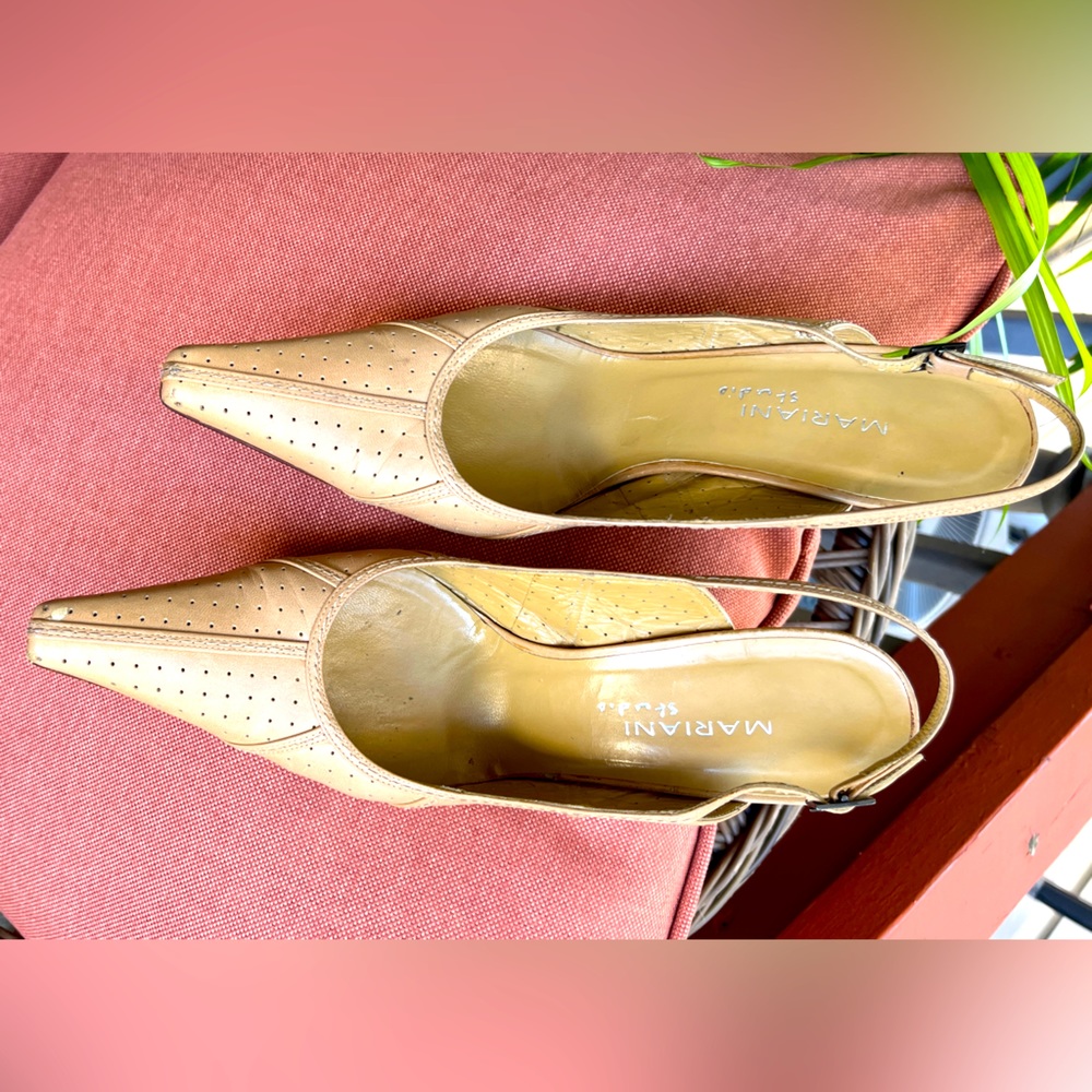 Softly worn, Cream, point toe, sling back, pencil heel, Mariani Studio size 9